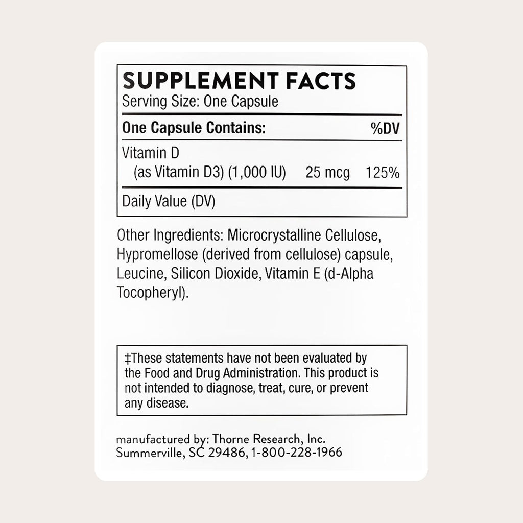 Thorne Vitamin D-1,000, Vitamin D3 Supplement, 1,000 IU