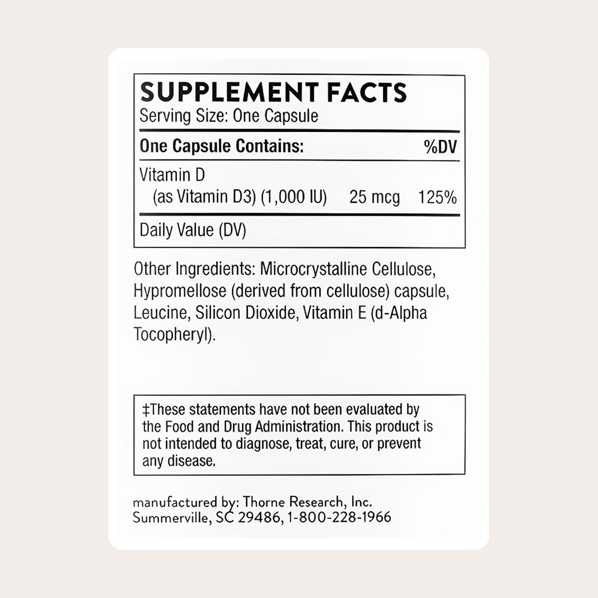 Thorne Vitamin D-1,000, Vitamin D3 Supplement, 1,000 IU