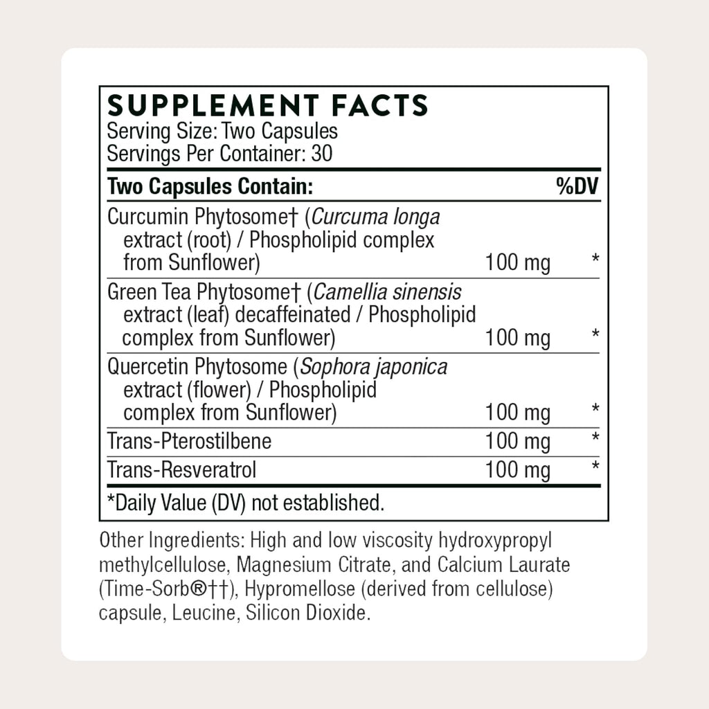 Thorne Resveratrol Complex, Supports Healthy Aging*, Trans-Resveratrol Supplement with Green Tea, Quercetin & Curcumin Phytosome, Third-Party Certified, Gluten, Dairy & Soy-Free, 60 Capsules